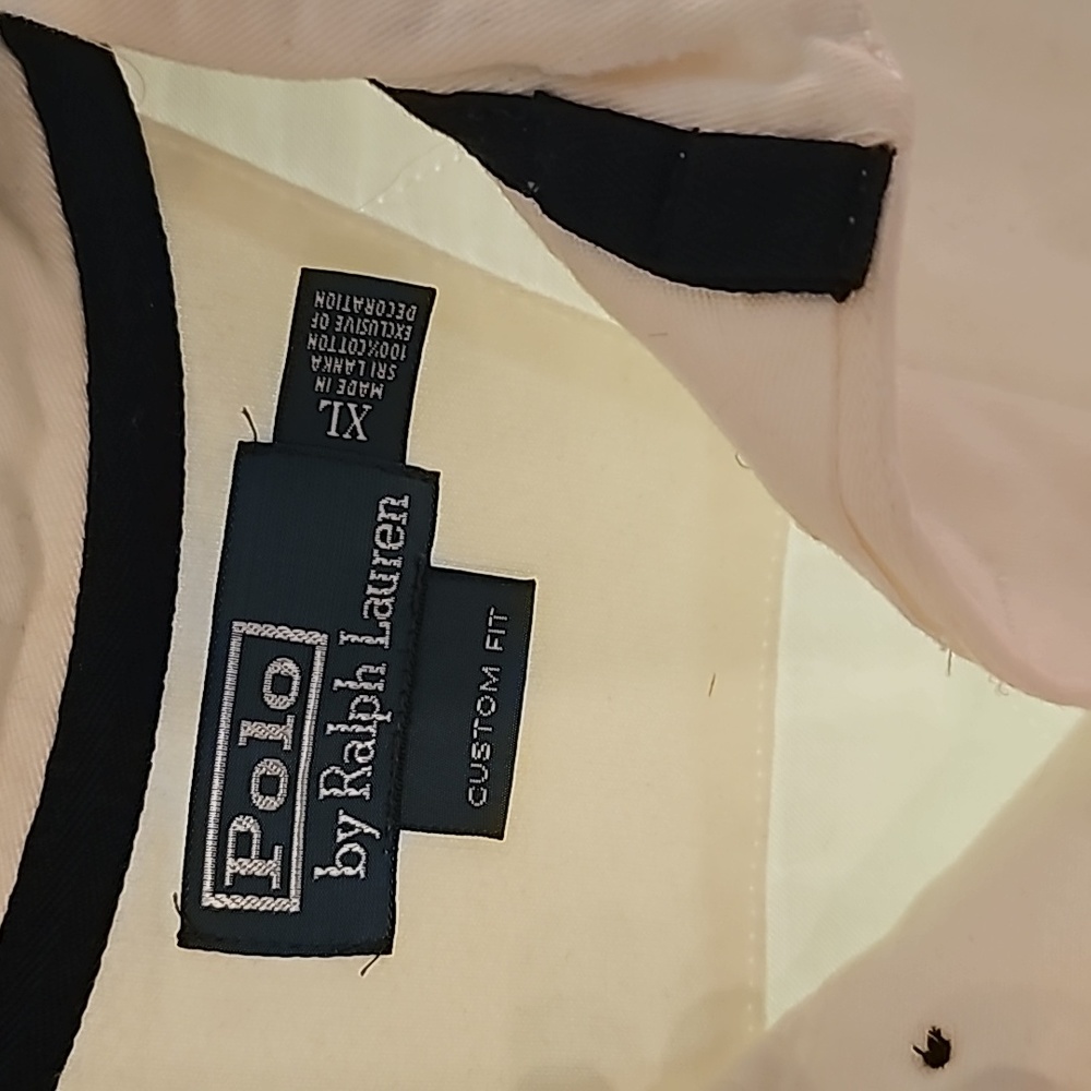 Men's polo long sleeve dress shirt. White yellow and navy blue